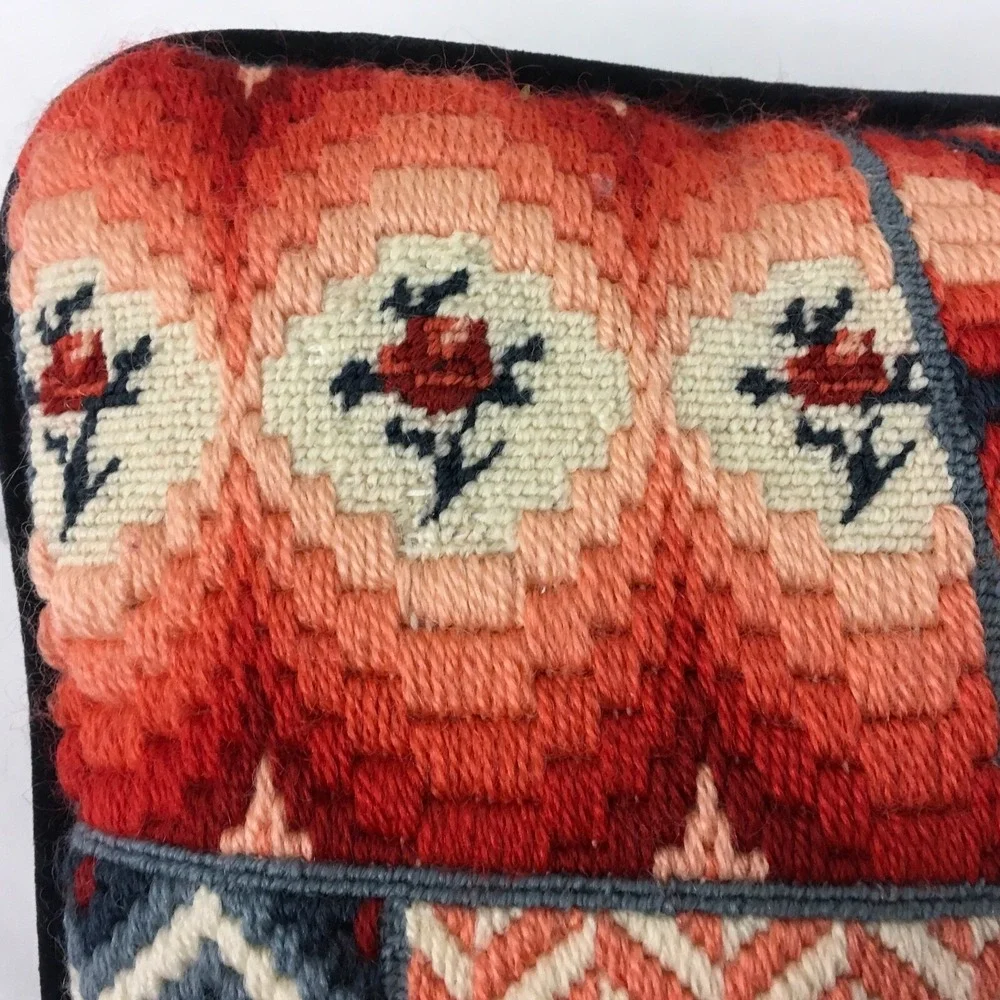 Vintage 1975 Needlepoint Pillow Square Sampler Style Floral Geometric‎ Blue Red